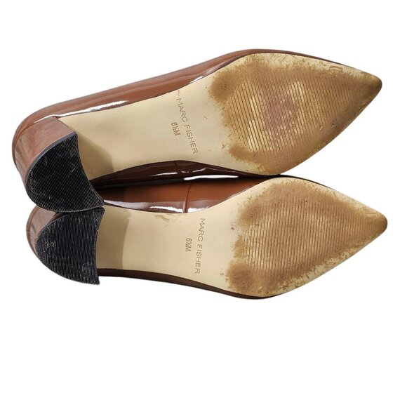 Marc Fisher Women's Caitlin Block Heels Brown Patent Pointed Toe Pump - Picture 10 of 11